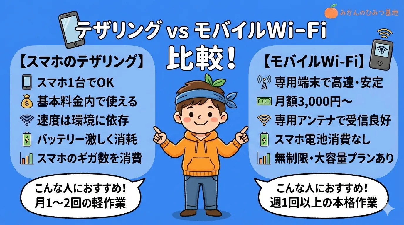 テザリング vs モバイルWi-Fi 比較図